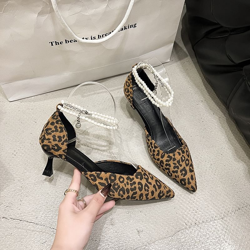 Kitten Sandals Strap Heel Print Leopard Ankle Pointed