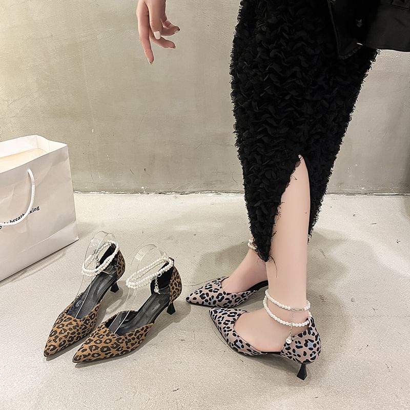 Kitten Sandals Strap Heel Print Leopard Ankle Pointed