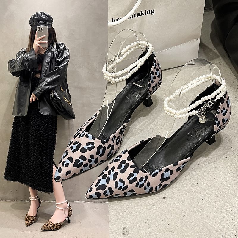 Kitten Sandals Strap Heel Print Leopard Ankle Pointed