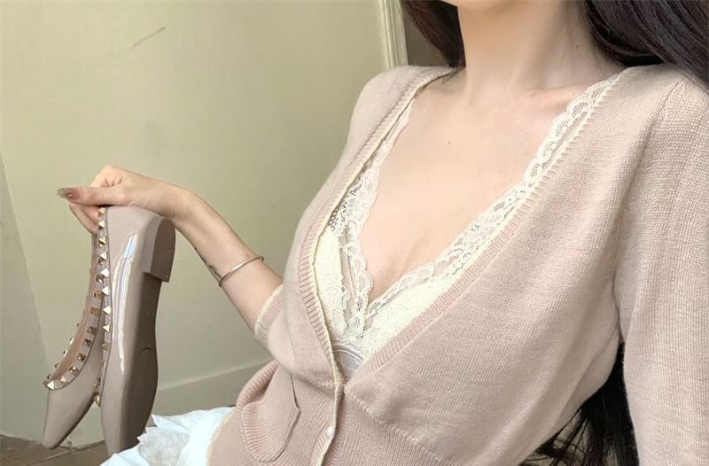 Cami Crop Plain Cardigan Sleeve Mid Lace / V-Neck Shorts Top Rise 3/4