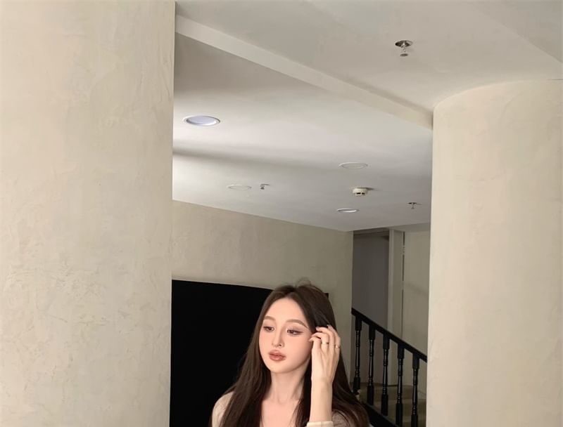 Cami Crop Plain Cardigan Sleeve Mid Lace / V-Neck Shorts Top Rise 3/4