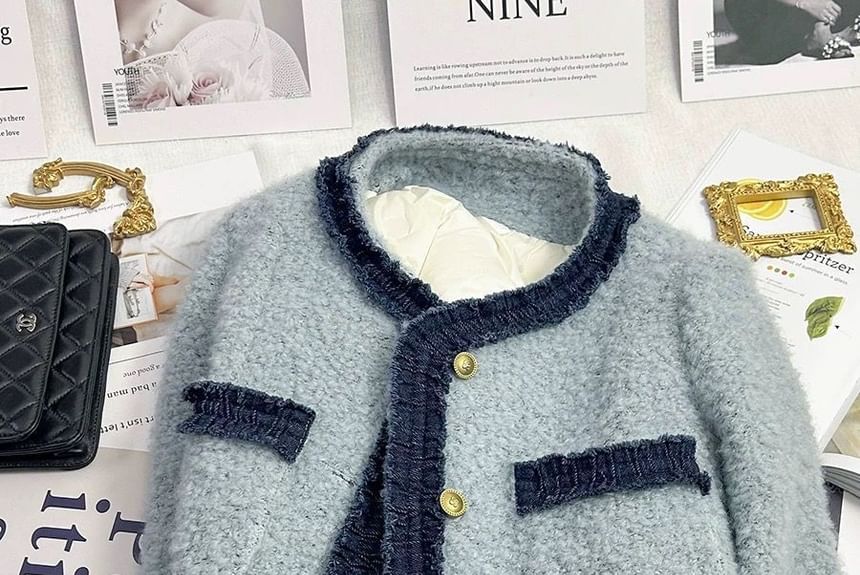 Jacket Neck Button Round Denim Panel Boucle