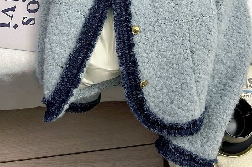 Jacket Neck Button Round Denim Panel Boucle