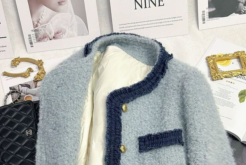 Jacket Neck Button Round Denim Panel Boucle