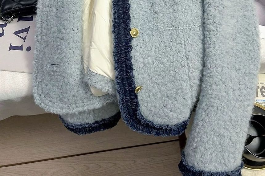 Jacket Neck Button Round Denim Panel Boucle