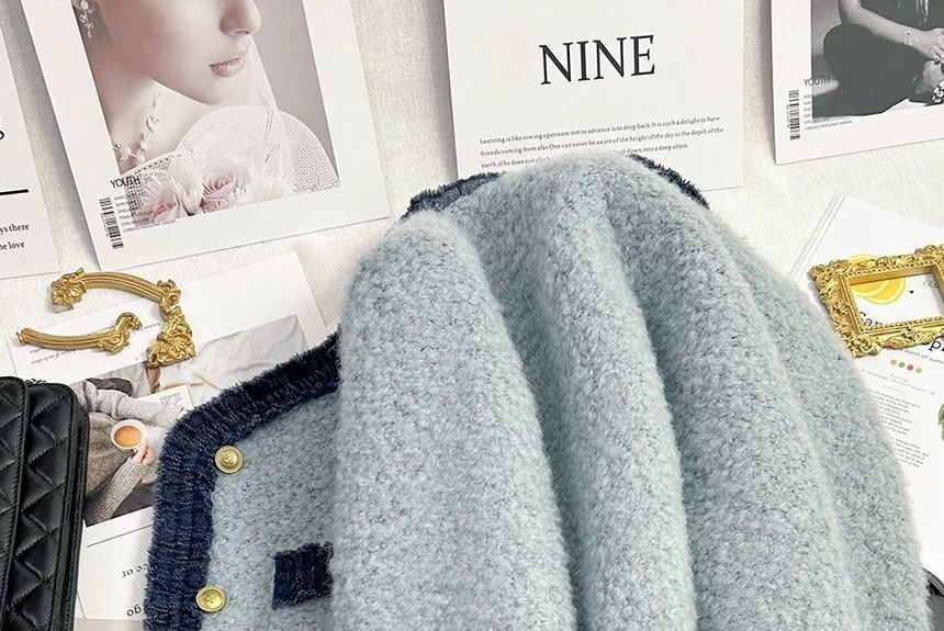 Jacket Neck Button Round Denim Panel Boucle