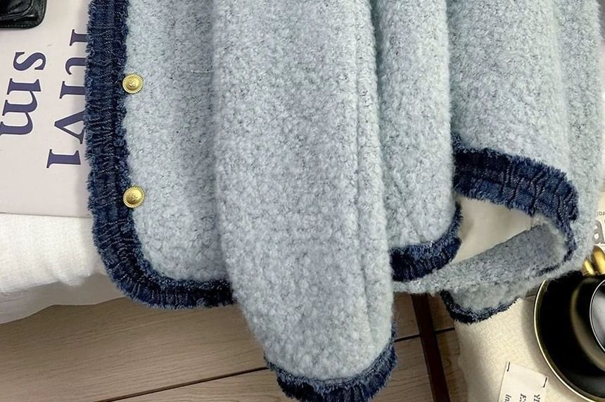 Jacket Neck Button Round Denim Panel Boucle