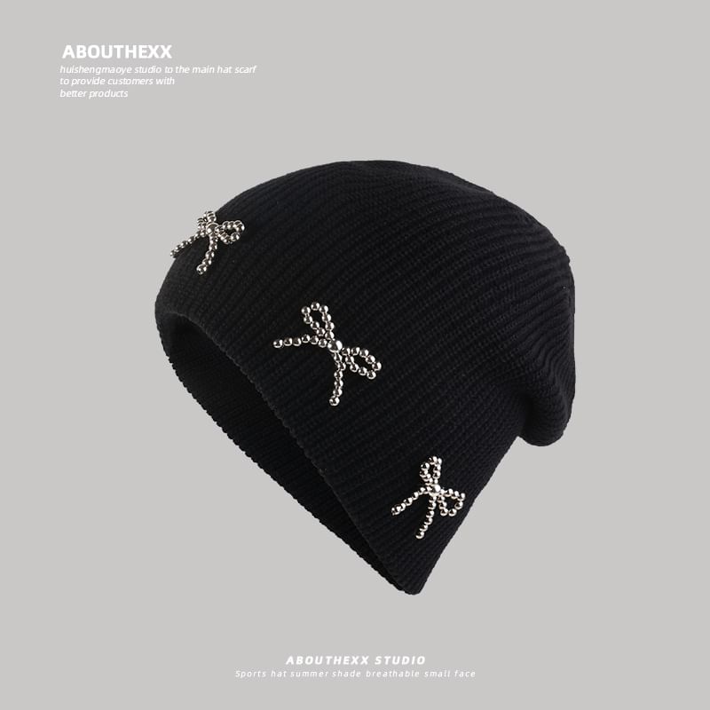 Bow Studded Beanie Metallic Knit