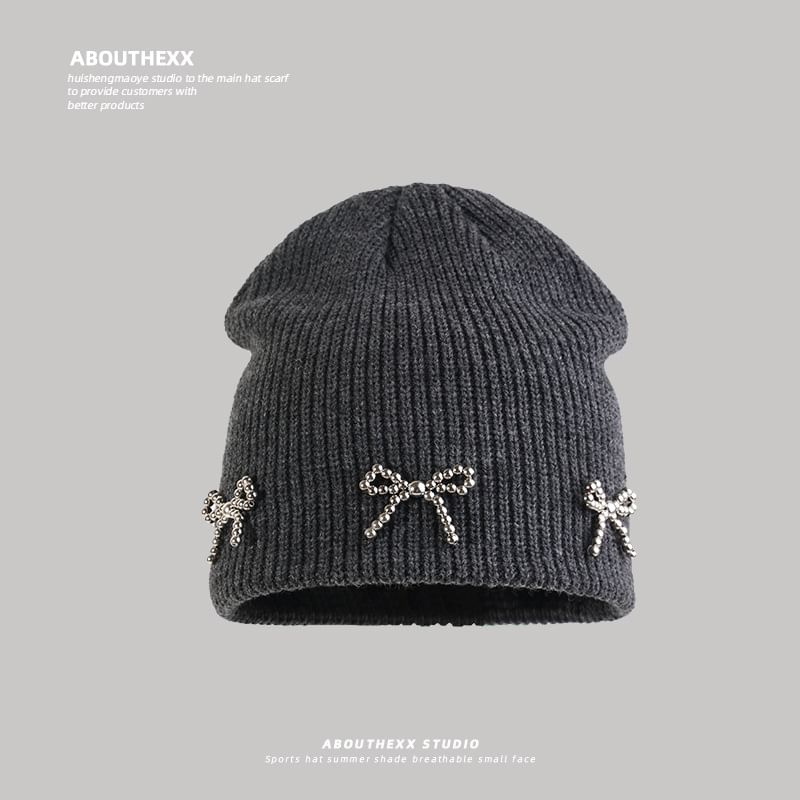Bow Studded Beanie Metallic Knit