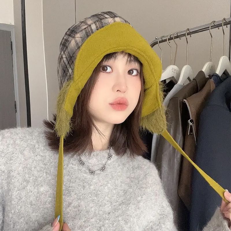 Plaid Hat Faux Fur Trapper