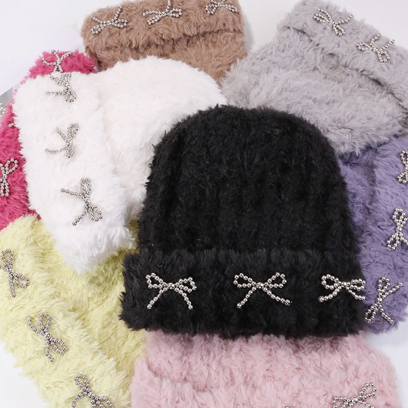Chenille Beanie Metallic Bow Studded