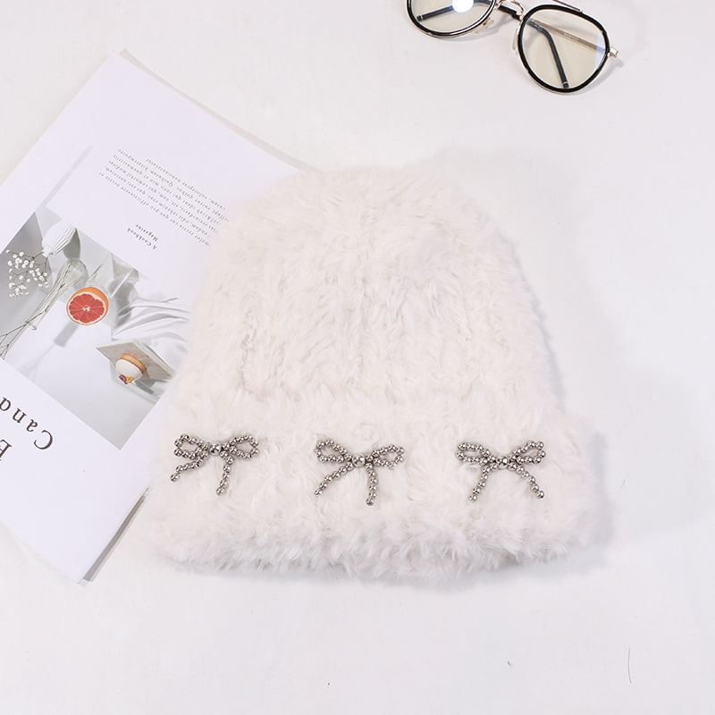 Chenille Beanie Metallic Bow Studded