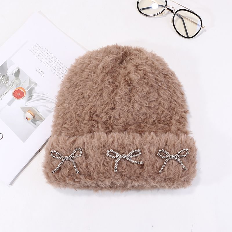 Chenille Beanie Metallic Bow Studded