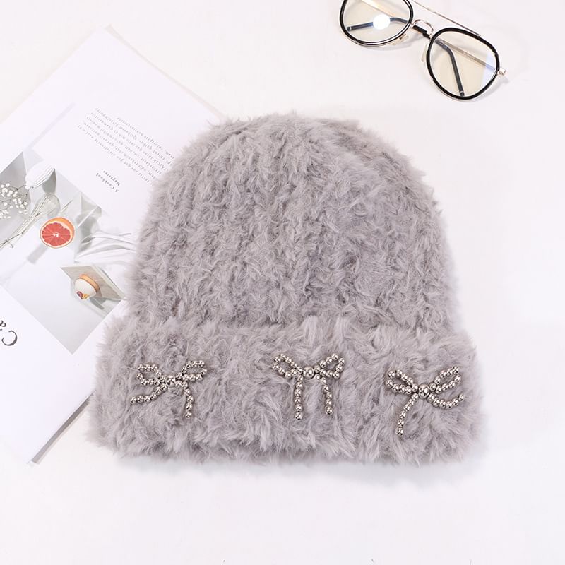 Chenille Beanie Metallic Bow Studded