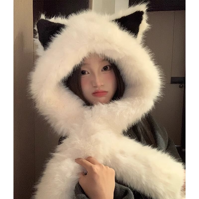 Ear Hooded Chenille Fox Scarf