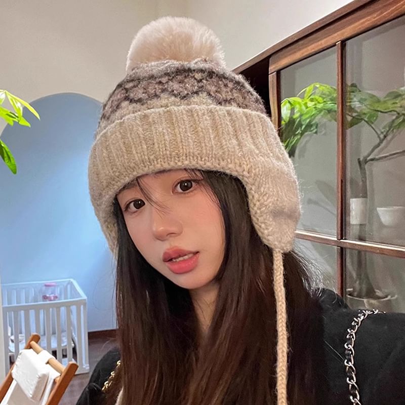 Knit Trapper Hat Pom