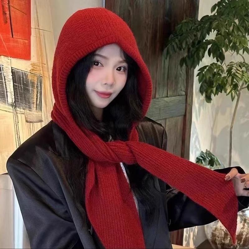 Plain Hooded Knit Scarf