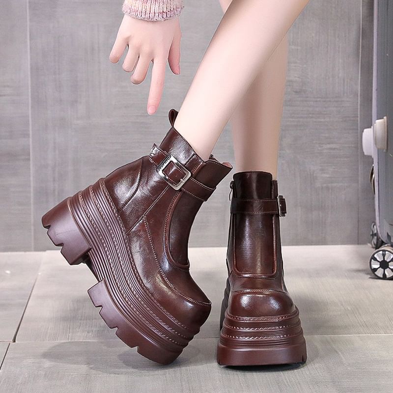 Zip-Up Buckled Plain Boots Leather Short Genuine Platform