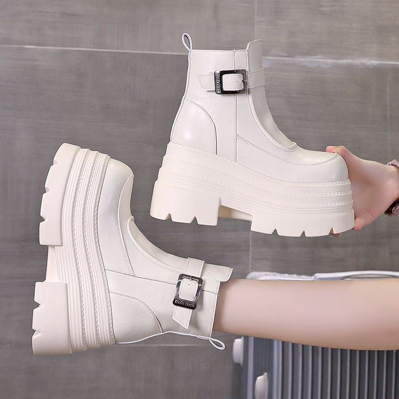 Zip-Up Buckled Plain Boots Leather Short Genuine Platform