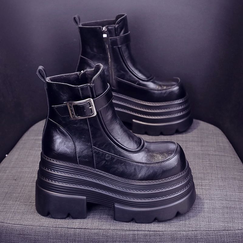 Zip-Up Buckled Plain Boots Leather Short Genuine Platform