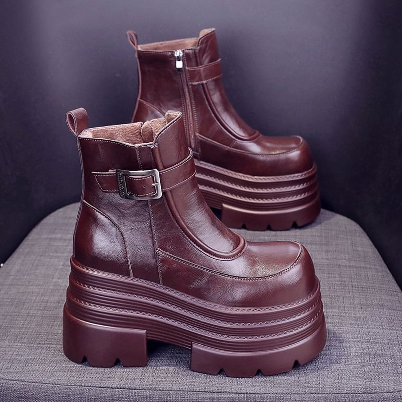Zip-Up Buckled Plain Boots Leather Short Genuine Platform