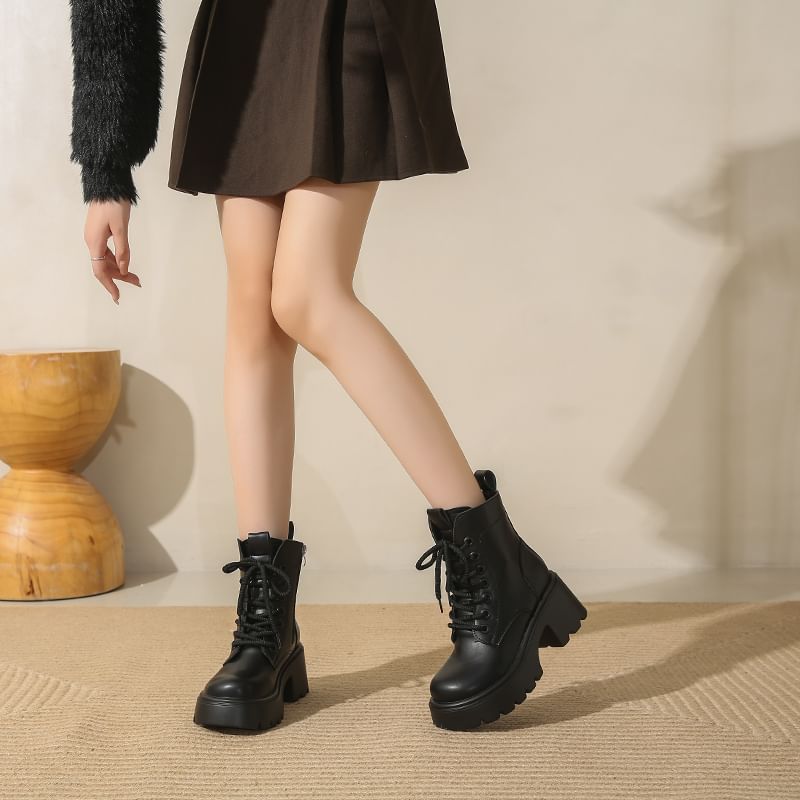 Genuine Leather Short Platform Plain Lace-Up Boots