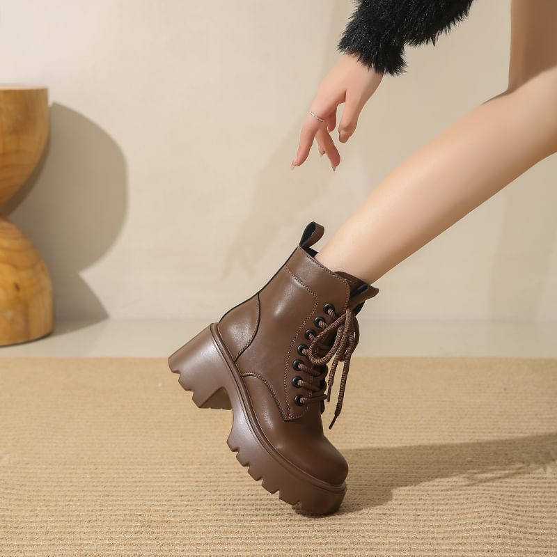 Genuine Leather Short Platform Plain Lace-Up Boots
