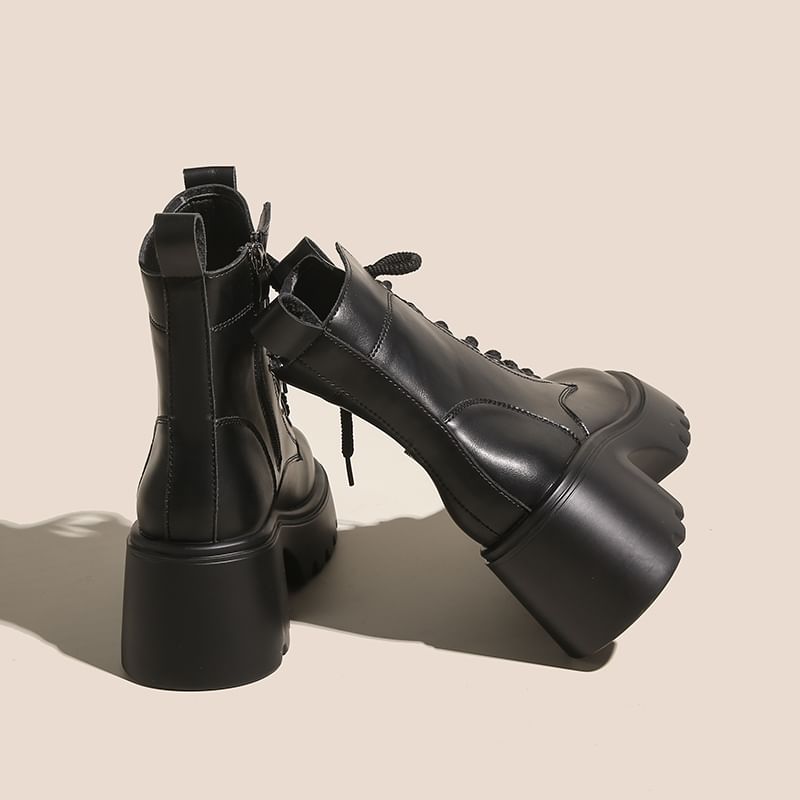 Genuine Leather Short Platform Plain Lace-Up Boots