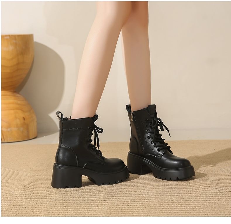 Genuine Leather Short Platform Plain Lace-Up Boots