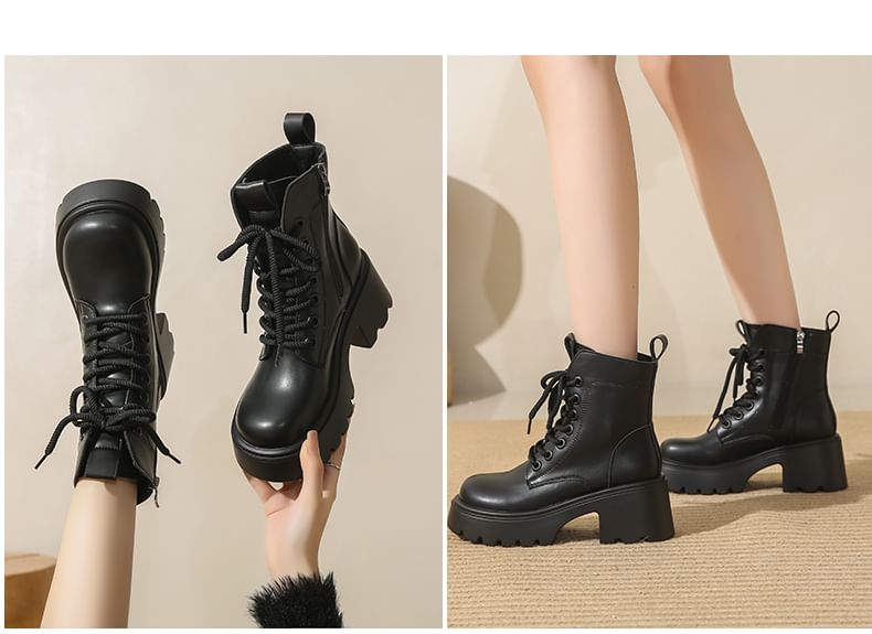 Genuine Leather Short Platform Plain Lace-Up Boots