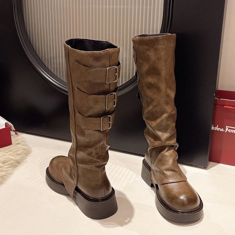 Platform Boots Leather Faux Tall