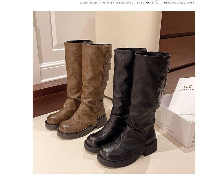 Platform Boots Leather Faux Tall