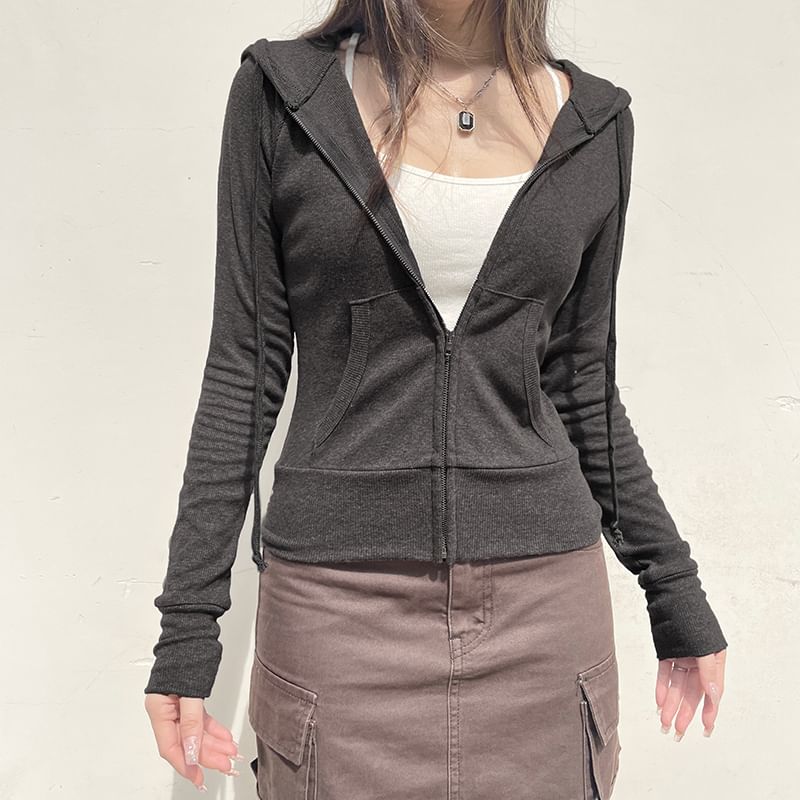 Drawstring Plain Zip Up Hoodie