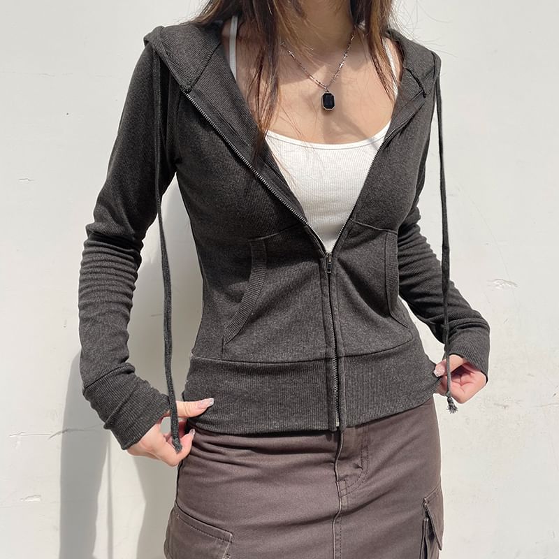 Zip Hoodie Plain Up Drawstring