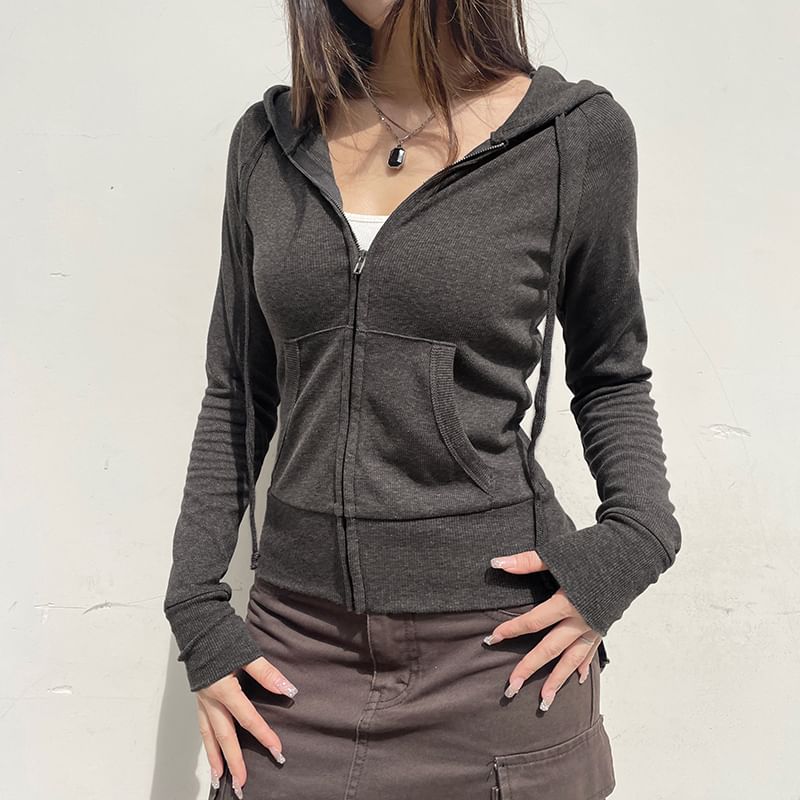 Zip Hoodie Plain Up Drawstring