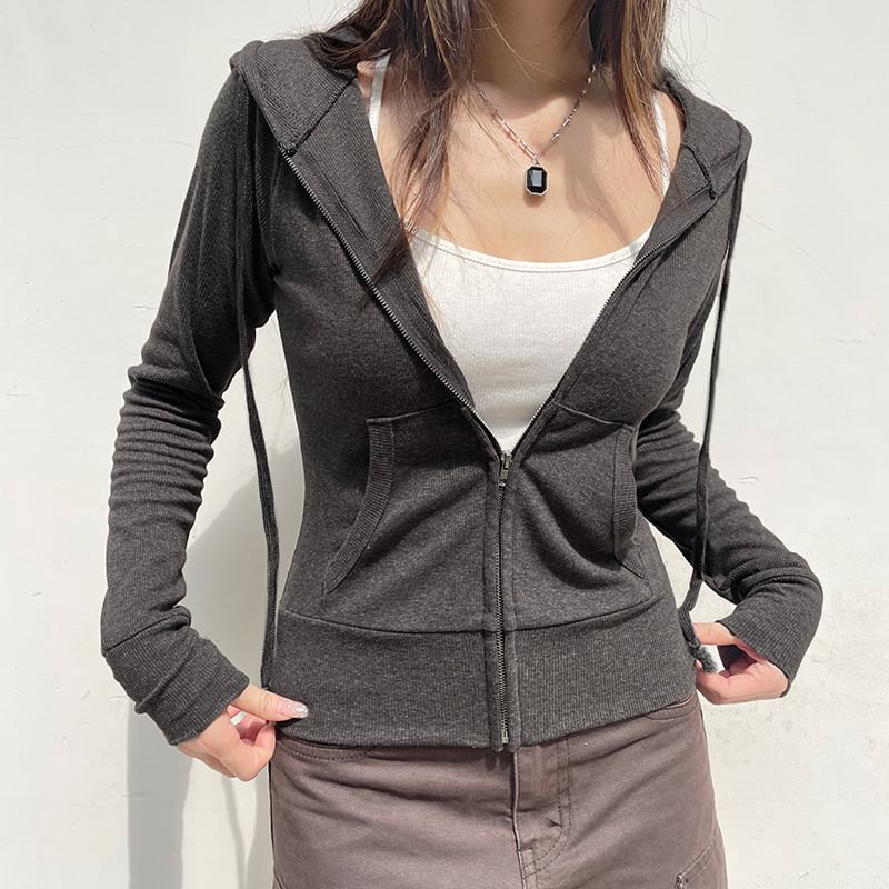 Zip Hoodie Plain Up Drawstring