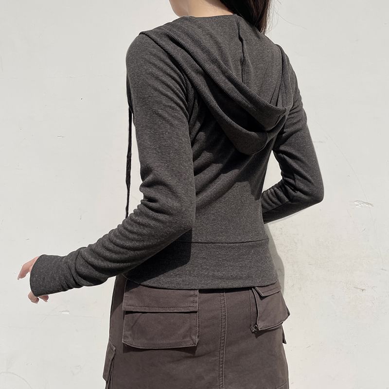 Drawstring Plain Zip Up Hoodie