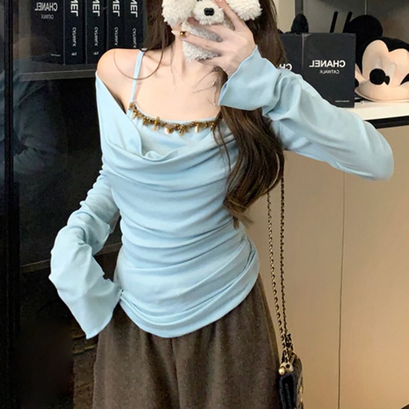 Two Off Mock Long Piece Top Shoulder Sleeve