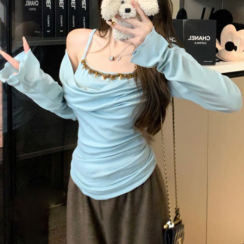 Two Off Mock Long Piece Top Shoulder Sleeve