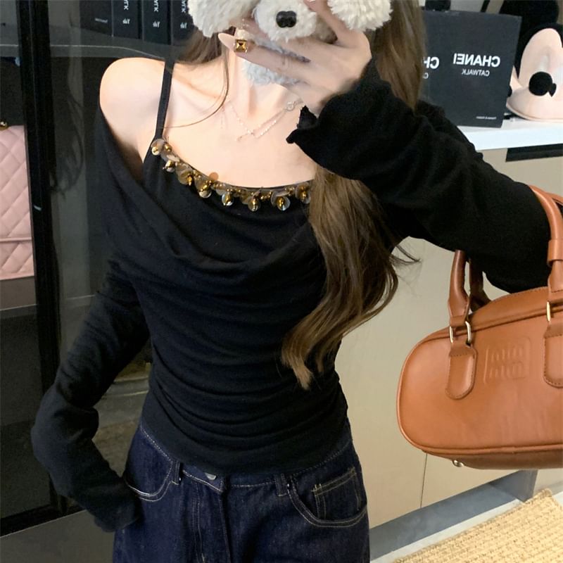 Two Off Mock Long Piece Top Shoulder Sleeve