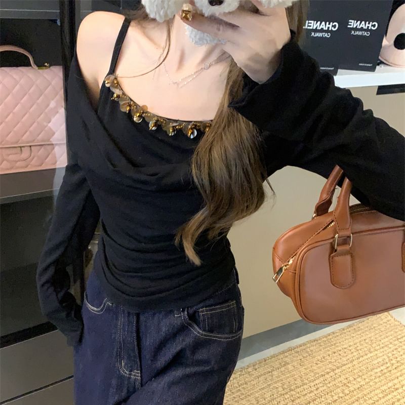 Two Off Mock Long Piece Top Shoulder Sleeve