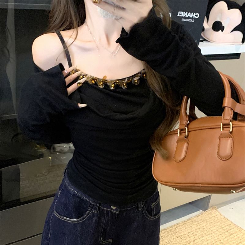 Two Off Mock Long Piece Top Shoulder Sleeve