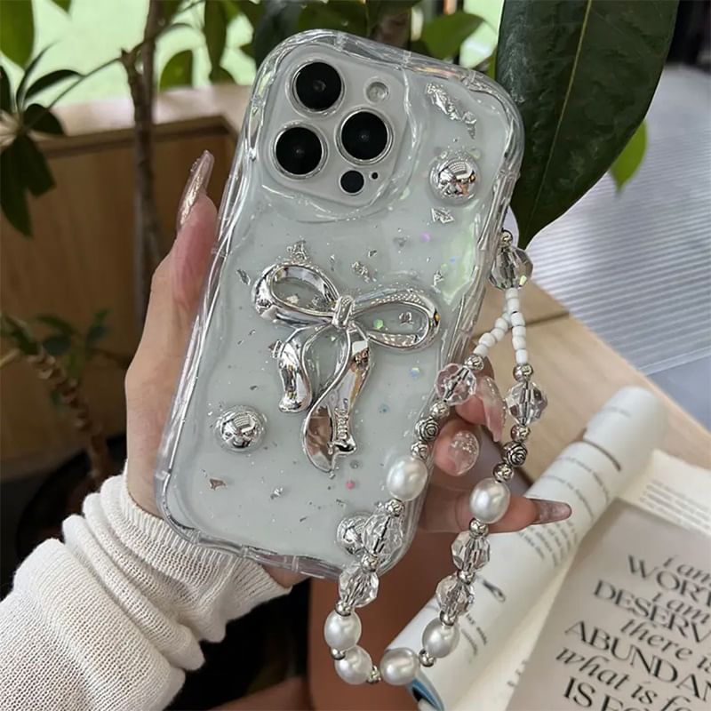 Set / Phone Strap Faux Bow Pearl Case