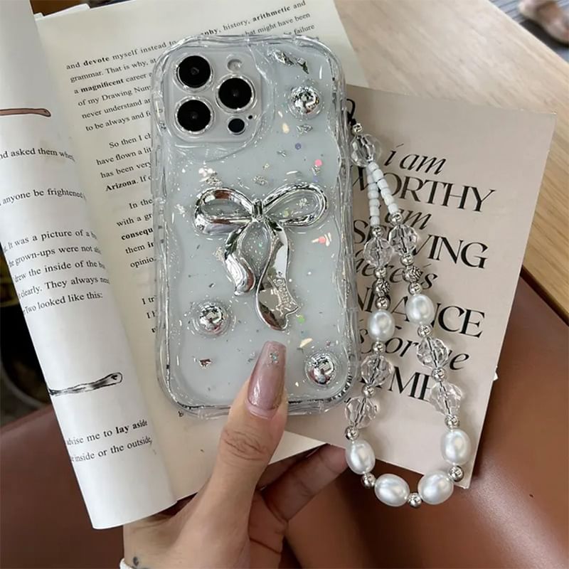 Set / Phone Strap Faux Bow Pearl Case