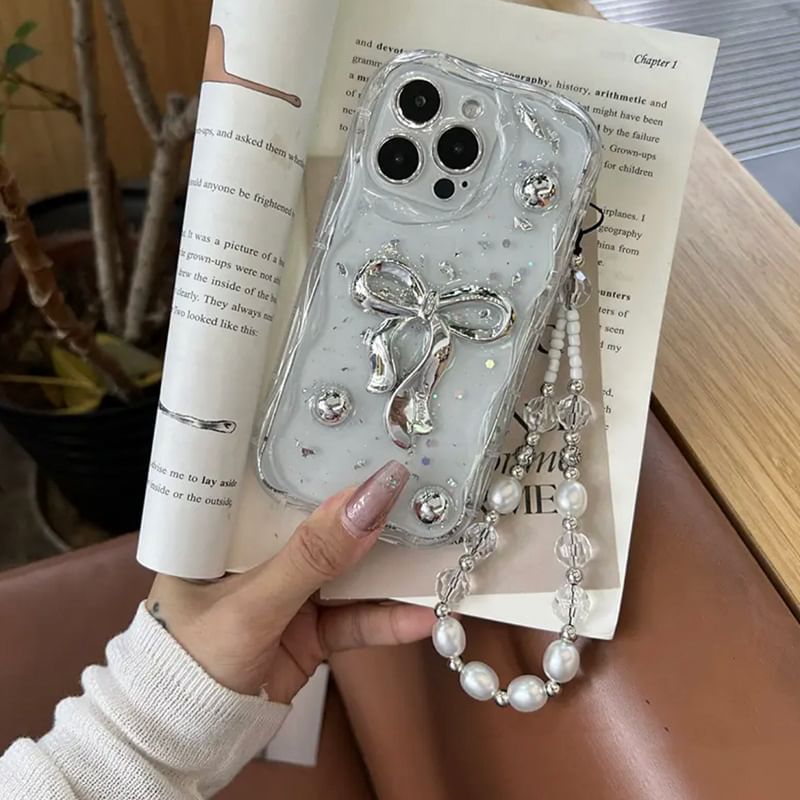 Set / Phone Strap Faux Bow Pearl Case