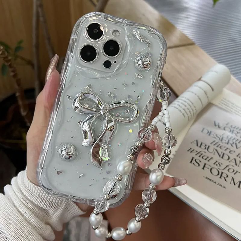 Set / Phone Strap Faux Bow Pearl Case