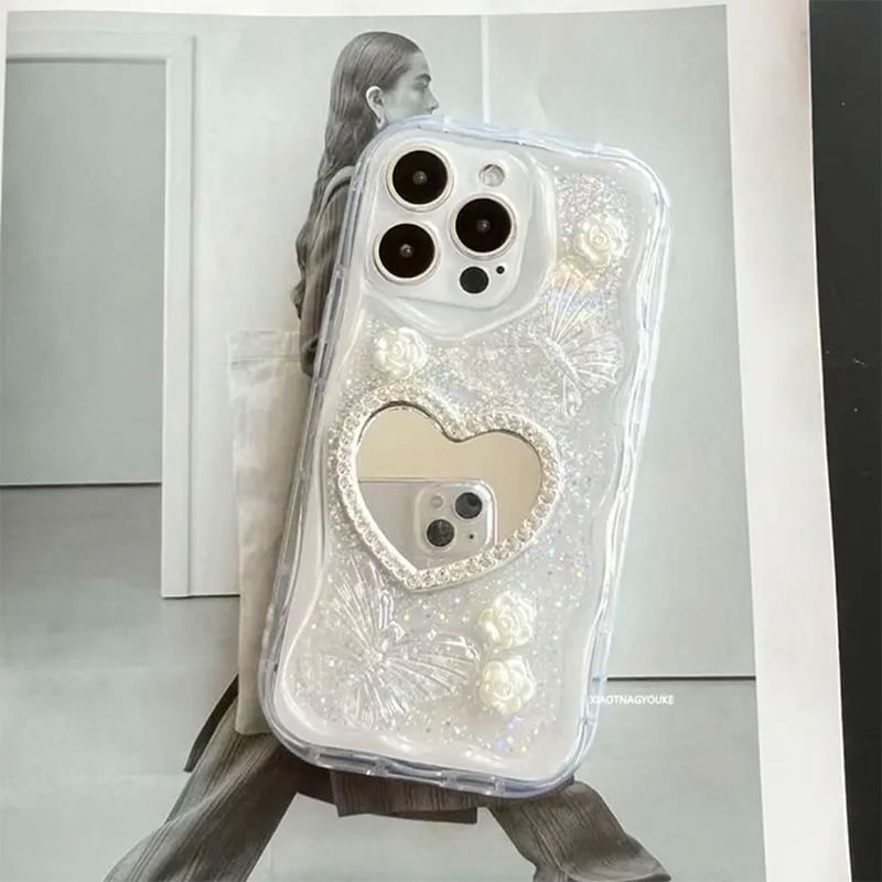 Mirrored Strap Pearl Heart Case Phone Faux / Set