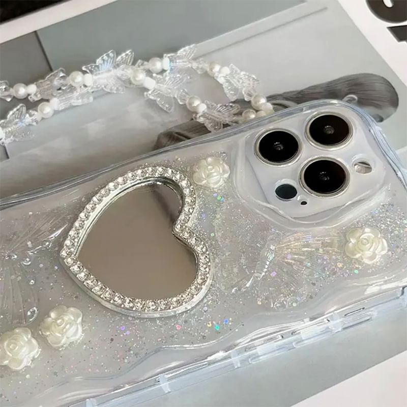 Mirrored Strap Pearl Heart Case Phone Faux / Set