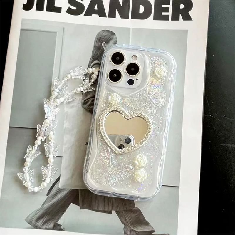 Mirrored Strap Pearl Heart Case Phone Faux / Set