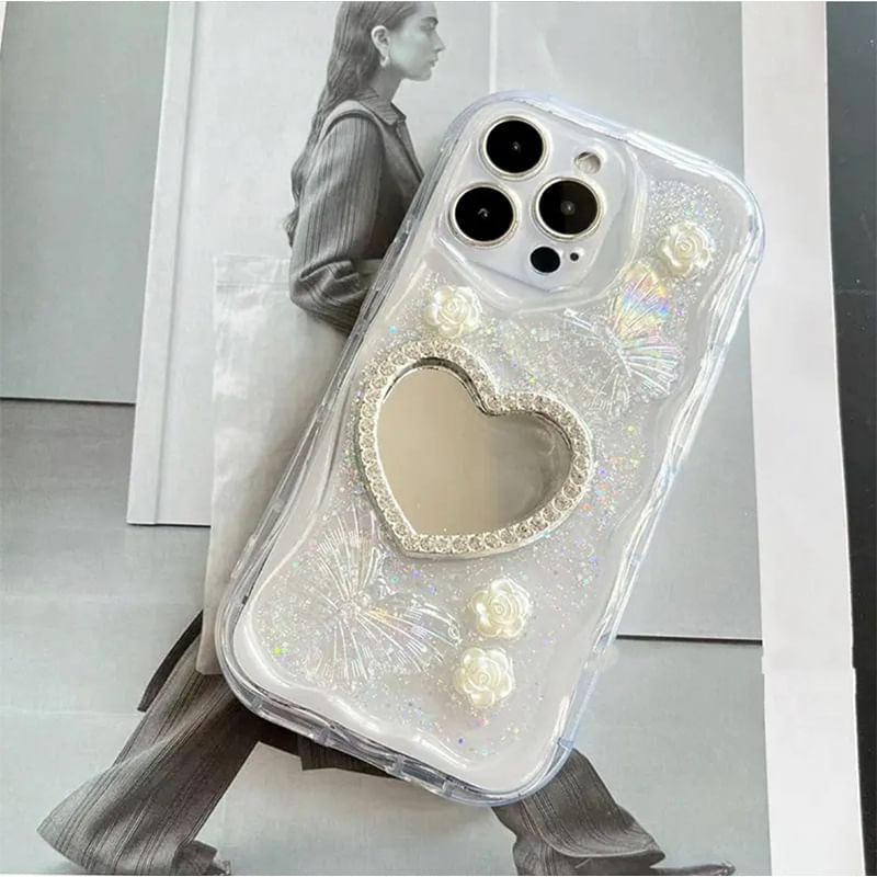 Mirrored Strap Pearl Heart Case Phone Faux / Set